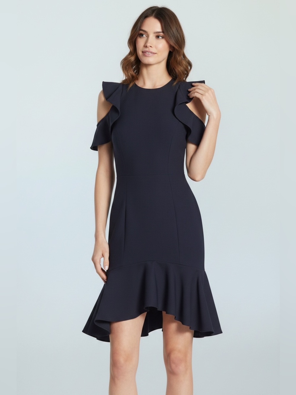Cinq à Sept Navy Ruffle Sleeve Flounce Hem Midi Dress – Size 4